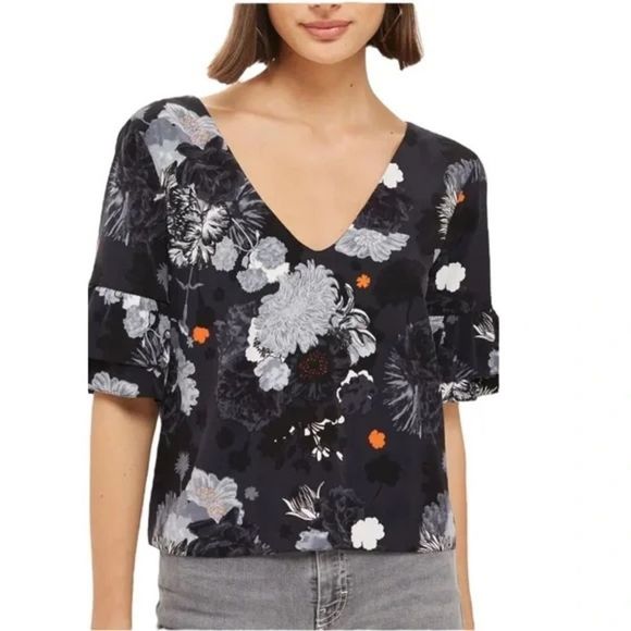 Topshop Tops - Topshop Black Grey Floral Tie Back V-Neck Ruffle 3/4 tiered Sleeve size 2